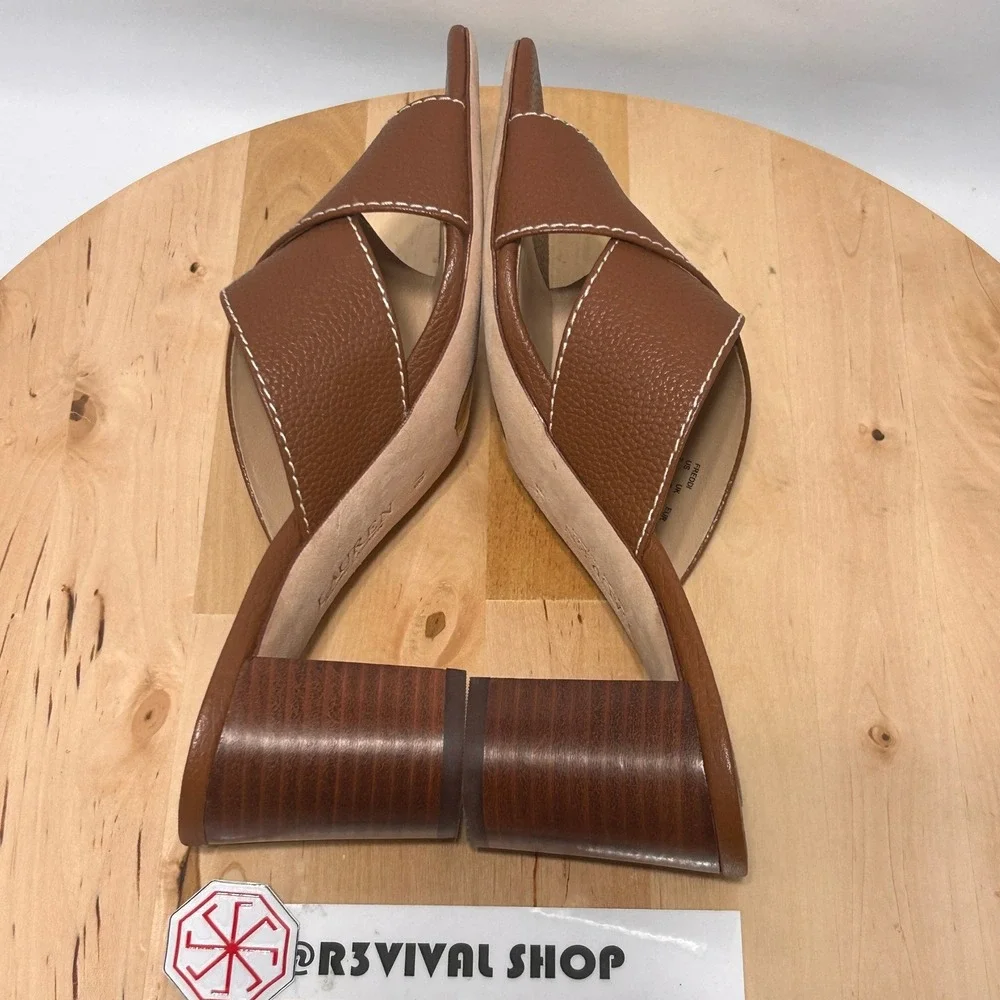 LAUREN Ralph Lauren Women's Brown Leather Slip On Strappy Freddi Sandal- Size 7B